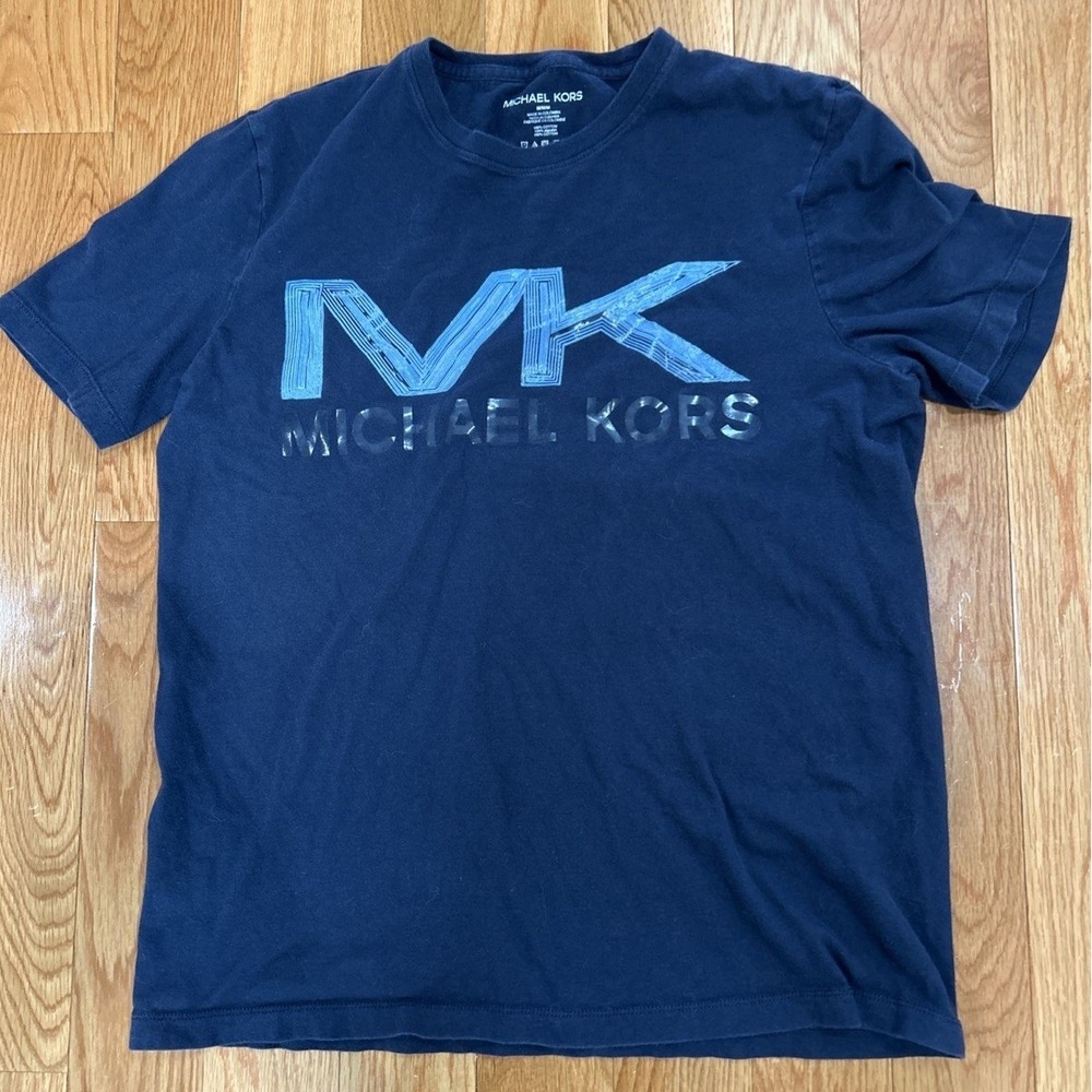 Michael Kors Men's T-Shirt Medium‎ Navy Blue Logo Graphic Crew Neck Short Sleeve